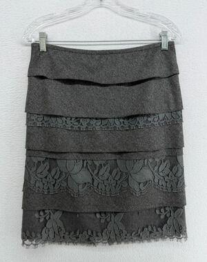 DKNY Skirt 4 Wool with Lace Trim Pencil Tiered Layered Charcoal Gray Vintage Y2K